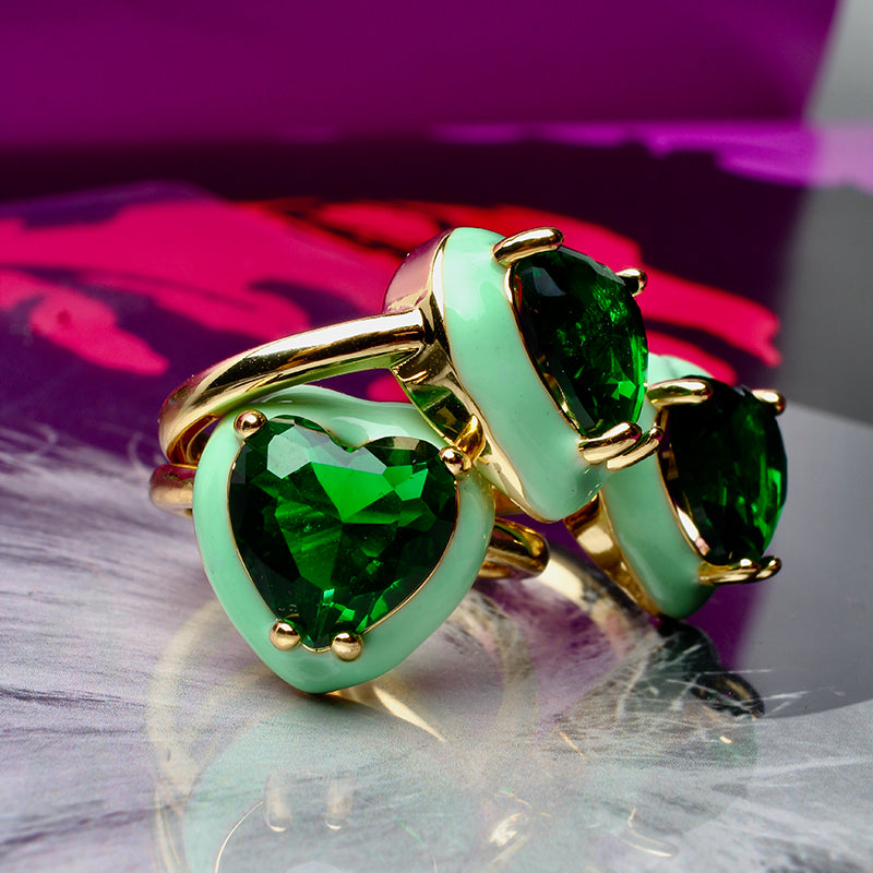 Candy Darling Envy, Opulent Solitaire, Stone Heart Enamel Adjustable Ring