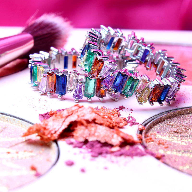 Veruschka Von Rainbow, Multicolor Eternity Band,Opulent Crystal Stones, Modern Sophisticated Baguette
