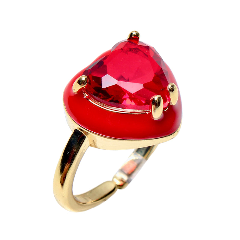 Candy Darling Red, Opulent Solitaire, Stone Heart Enamel Adjustable Ring